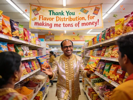 Prompt: Storeowner walks around his convenience store   displaying all his exotic snacks and saying "Thank You Flavor Distribution, for making me tons of money!" He is of indian descent and is wearing glasses, balding, and wearing alot of gold.