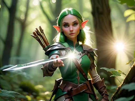 Prompt: Elf ranger in a mystical forest around sunlight