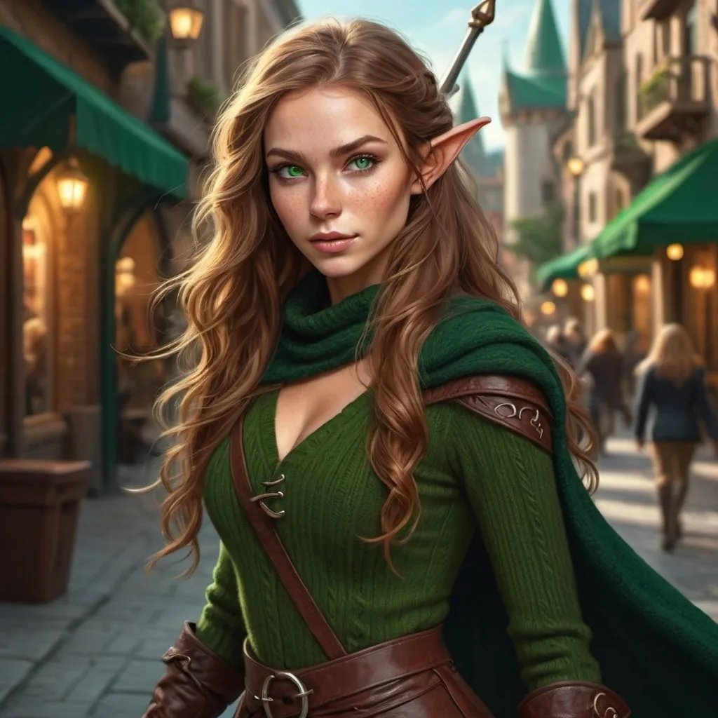 Prompt: A highly attractive woman with long wavy light brown hair, lightly tanned freckled skin, charming green eyes, she is wearing tight fitting dark coloured woollen clothing and is wielding a rapier, she has elf like ears. Digital art style, fantasy city background 