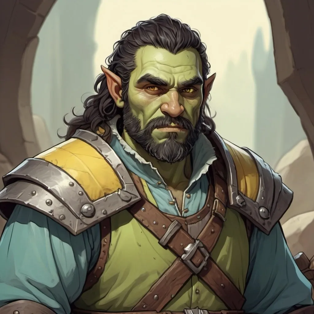 Prompt: A friendly orc man with wavy black hair and a full beard. He has friendly brown eyes, light green skin, and he is wearing a surcoat coloured light blue and yellow. He wields a warhammer. Digital art style. Warm tone