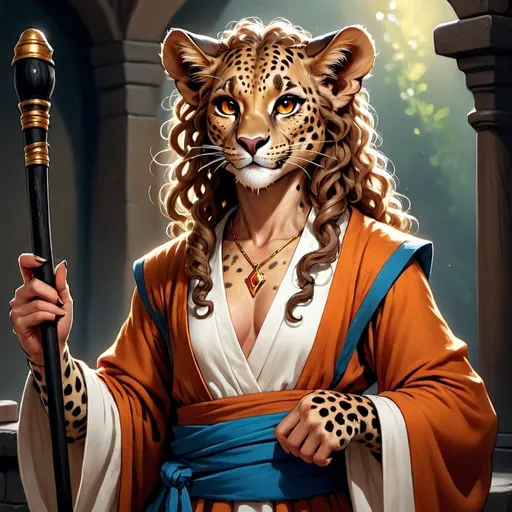 Prompt: A female spotted leopard standing upright like a woman and wearing long robes and holding a simple ebony staff. she has a tuft of curly hair on her head and orange eyes