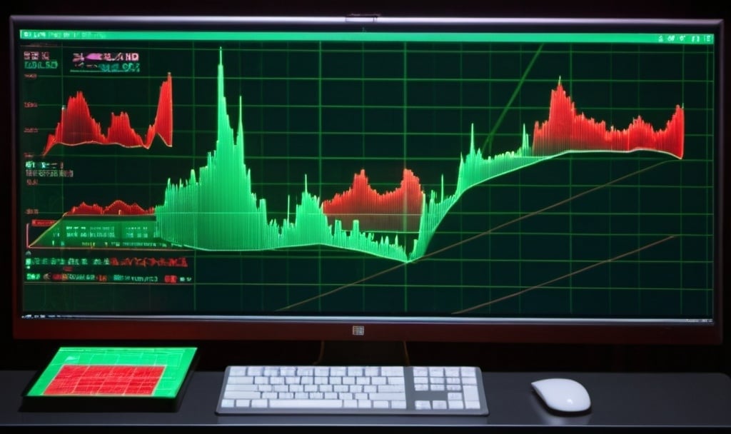 Prompt: holographic computer with green and red Japanese candlestick charts displaying on screen. 