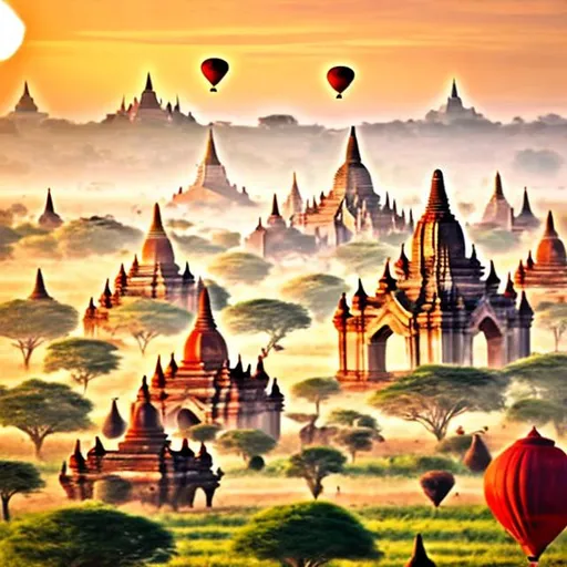 Prompt: Bagan landscape with soldiers, cows, and colorful balloons, oil painting, ancient warfare, majestic temples in background, grazing cows in foreground, soldiers in traditional armor, vibrant and colorful balloons floating in the sky, high quality, oil painting, ancient, majestic, vibrant colors, traditional armor, rural landscape, atmospheric lighting