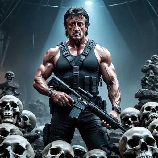 Prompt: (futuristic style image) Sylvester Stallone as John Rambo, powerful pose, standing confidently on a pyramid shaped pile of bones and skulls, intense facial expression, asymmetrical armor, futuristic weaponry, dark foggy atmosphere, neon highlights illuminating the scene, gritty and dramatic lighting, cyberpunk influences, high detail, 4K ultra-detailed, tension-filled ambiance, showcasing raw power and dominance in a compelling visual narrative.