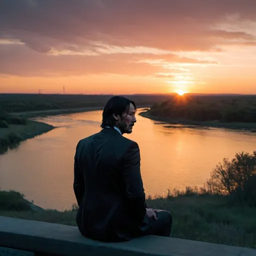 Prompt: john wick, sit to see a sunset, john wick thoughtful, sunset, river