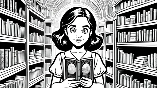 Prompt: B&W coloring book page, illustrating the Library of Magic, a grand and mysterious place where the a girl discovers hidden magical books. have the girl standing at the center, holding an enchanted book, her eyes wide with amazement. make sure the girl is inside the library and surrounded by bookshelves and books