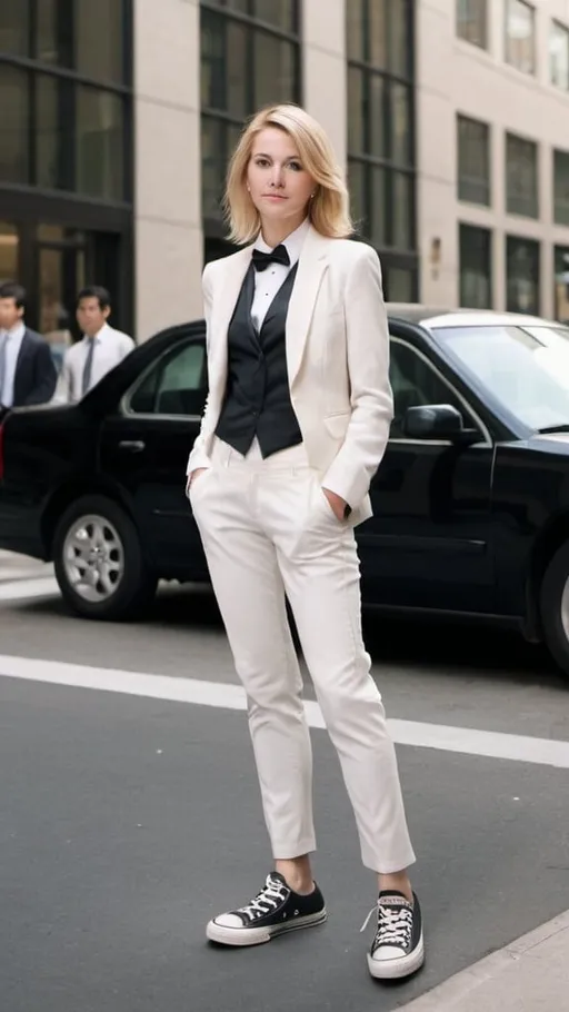 Prompt: Picture of a businesswoman with blonde hair, wearing a tuxedo and converse sneakers, standing outside a building in a crowded metropolitan area