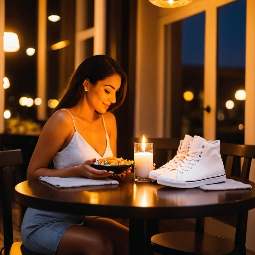 Prompt: Woman on a date with her sneaker a candlelit dinner