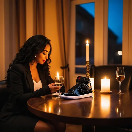 Prompt: Woman on a date with her air jordan sneaker a candlelit dinner