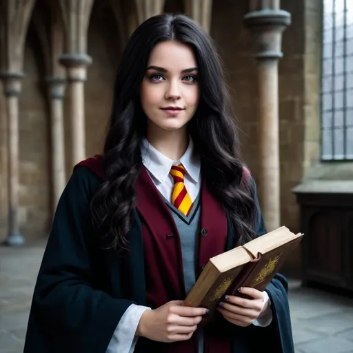 Prompt: woman with dark hair as a wizard at hogwarts