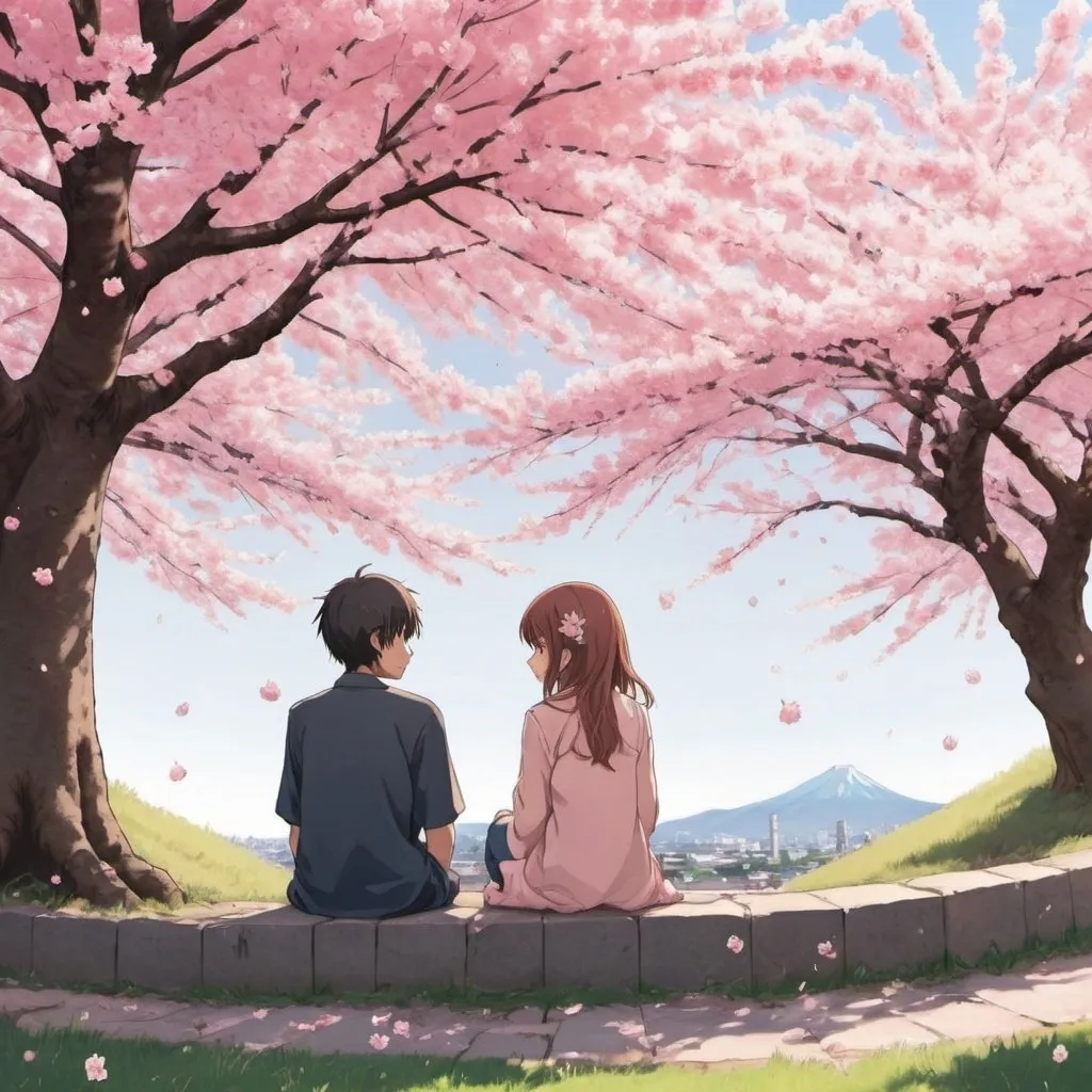 Prompt: A  boy   and girl siting under a cherry blossom tree anime style 