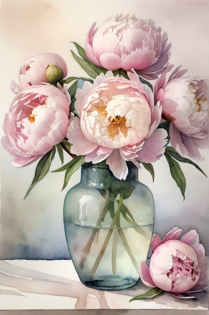 Prompt: "A watercolor depiction of peonies in a vase, with soft, romantic tones and subtle highlights."