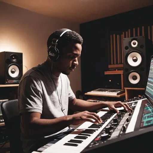 Prompt: A producer in his Studio making Beats 