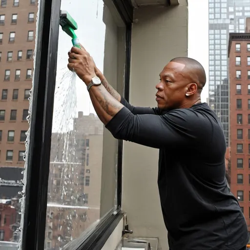 Prompt: dr. dre washing windows in manhattan


