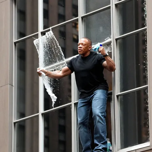 Prompt: dr. dre washing windows in manhattan


