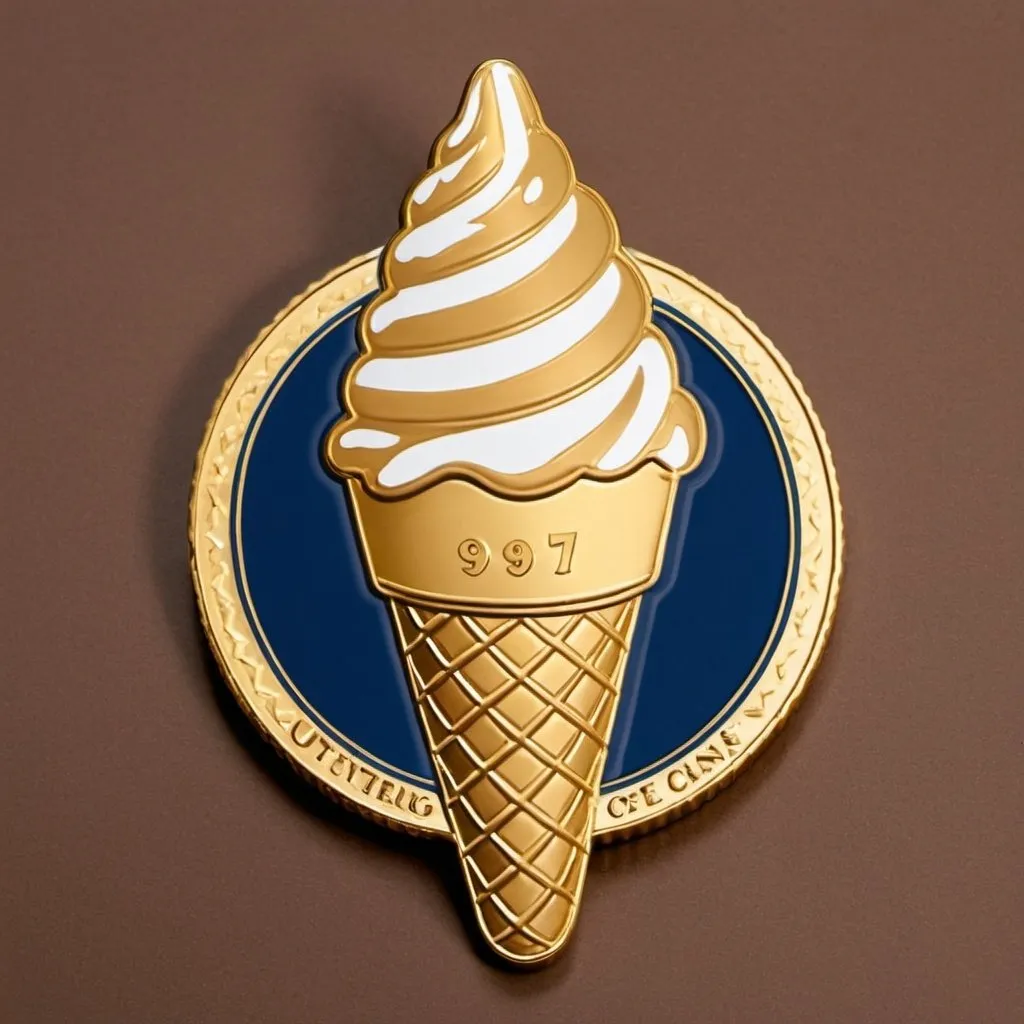 Prompt: An Army challenge coin made of gold, in the shape of an ice cream cone with a tongue, where the tongue licks the cone in honor of the proud organization being called a "self-licking ice cream cone."