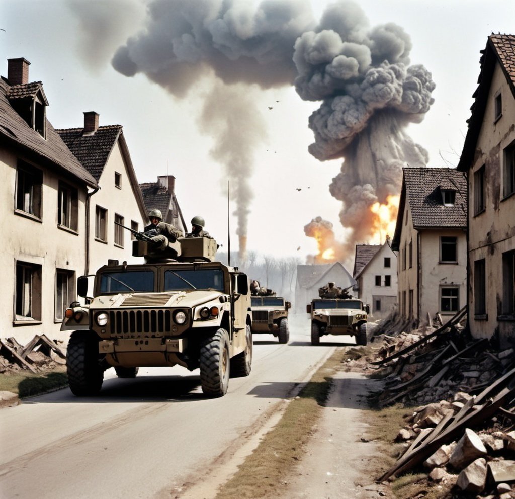 Prompt: The 101st Airborne Division drives their HMMWVs through a bombed German village after a nuclear strike. Their enemies lurk in the distance, well-hidden and ready for a surprise attack.