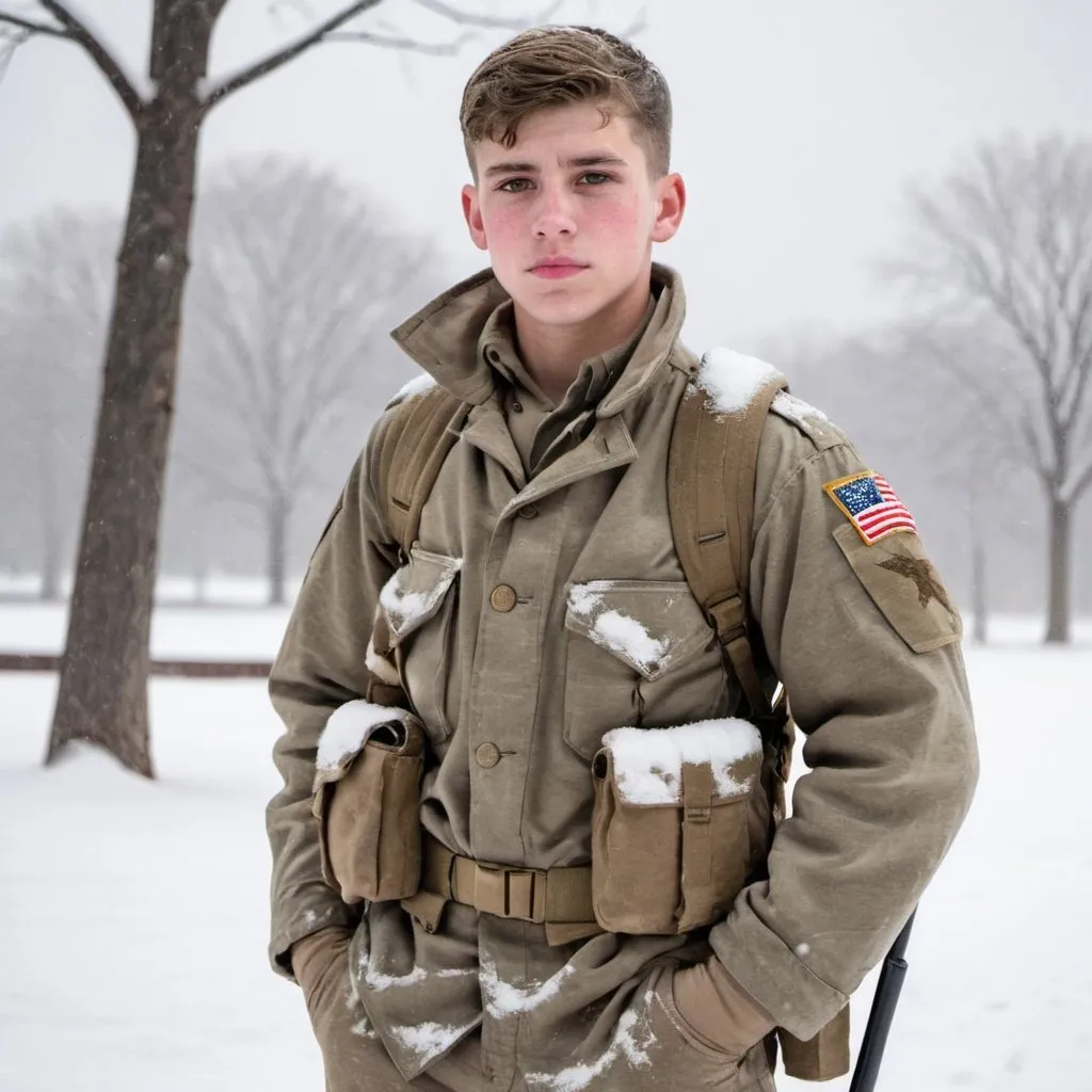 Prompt: A young but heroic American soldier stands confidently in the snow with his hands in his pockets.