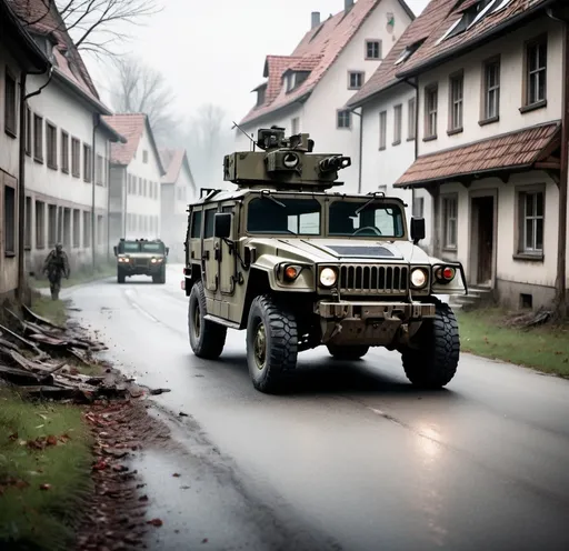 Prompt: An Army HMMWV creeps quietly through an apocalyptic German village as zombies walk aimlessly along the empty roads.