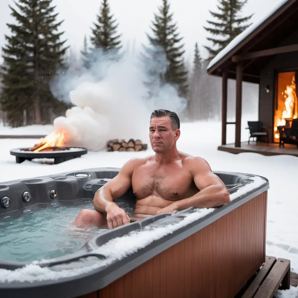 Prompt: A tough guy relaxes in an outdoor hot tub next to a fire while it snows.