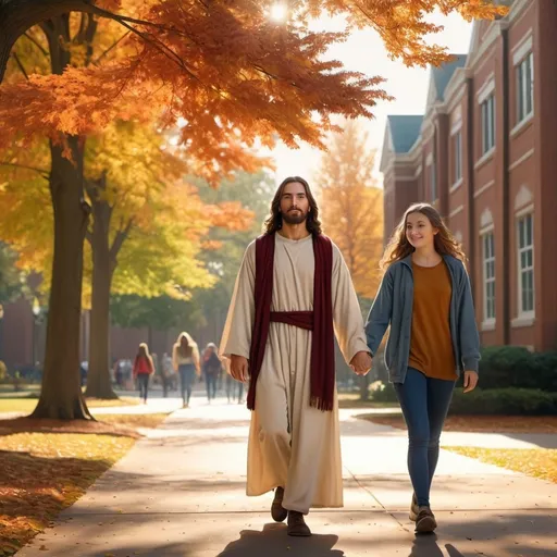Prompt: Image of Jesus Christ walking holding the hand of a 18 year old girl in Auburn University 