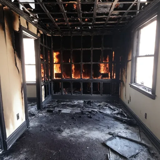 Prompt: Give me an image of a burned room after a fire