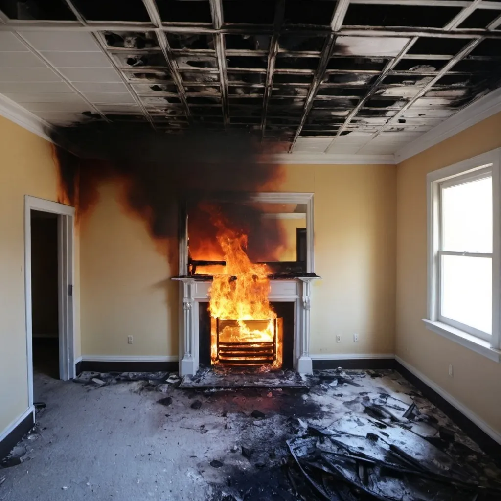 Prompt: Give me an image of a burned room on fire