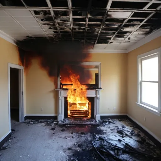 Prompt: Give me an image of a burned room on fire