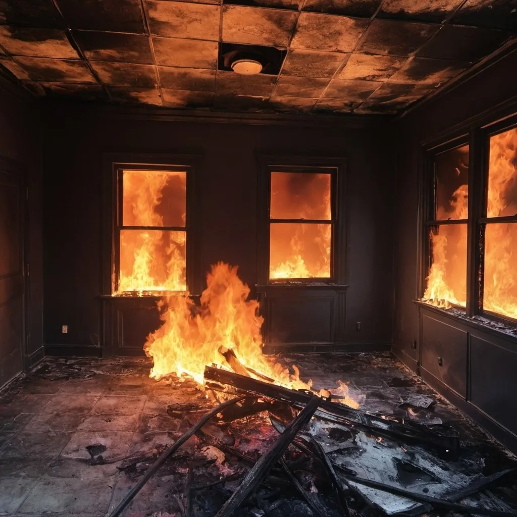 Prompt: Give me an image of a burned room on fire