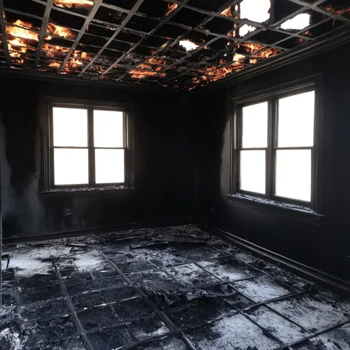 Prompt: Give me an image of a burned room after a fire