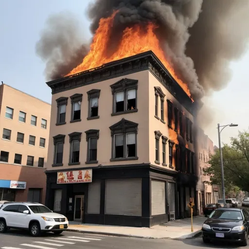 Prompt: 3-story building, the top floor is on fire, it is a photo taken from the other side of the street, as if it were animation, cartoon and only the third floor on fire.

