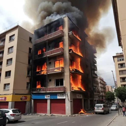 Prompt: Edificio de 3 pisos, el ultimo piso  está en fuego, es una foto tomada desde el otro lado de la calle, como si fuese animación, cartoon y solo el tercer piso en llamas

