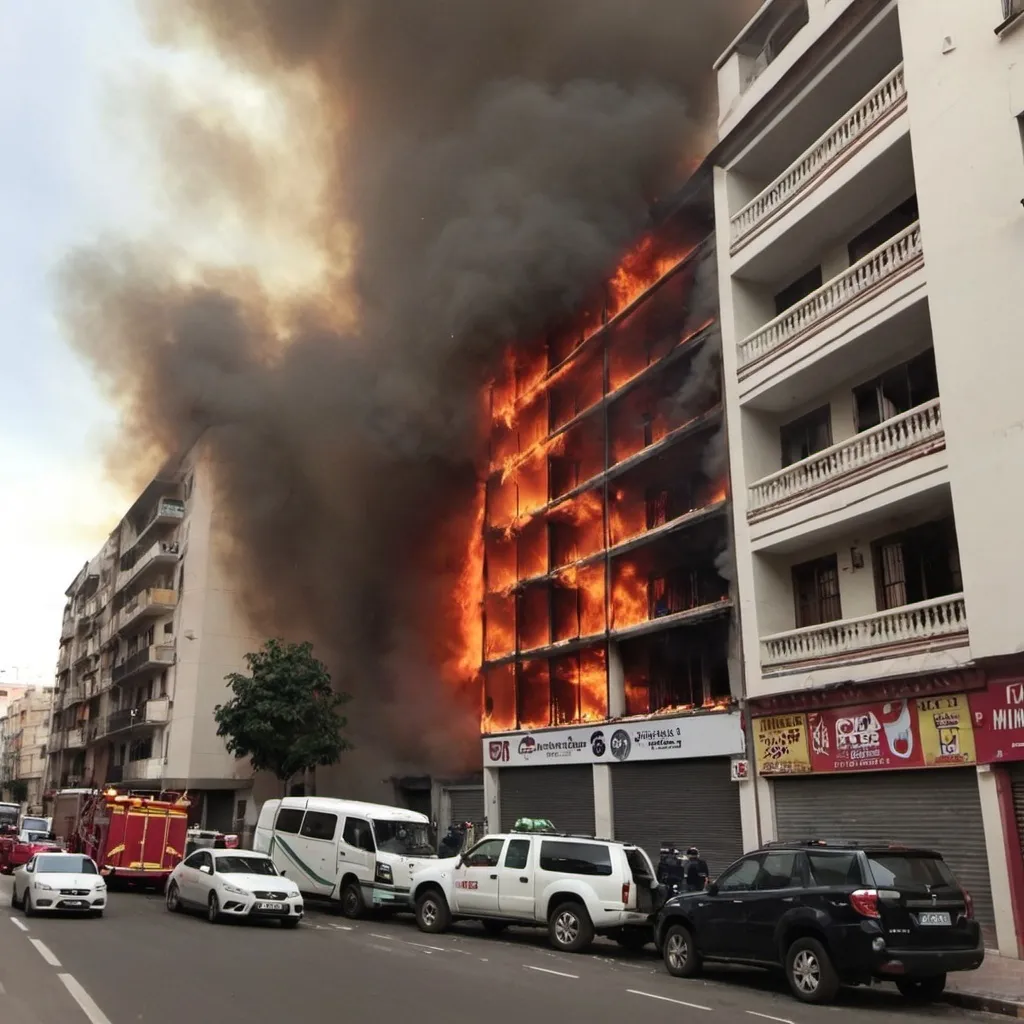 Prompt: Edificio de 3 pisos, el ultimo piso  está en fuego, es una foto tomada desde el otro lado de la calle, animado
