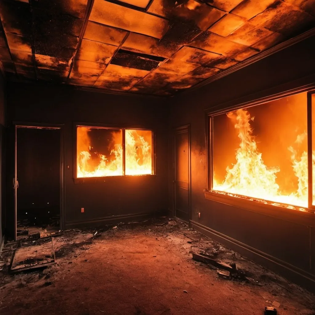 Prompt: Give me an image of a burned room on fire, with a lot of fire