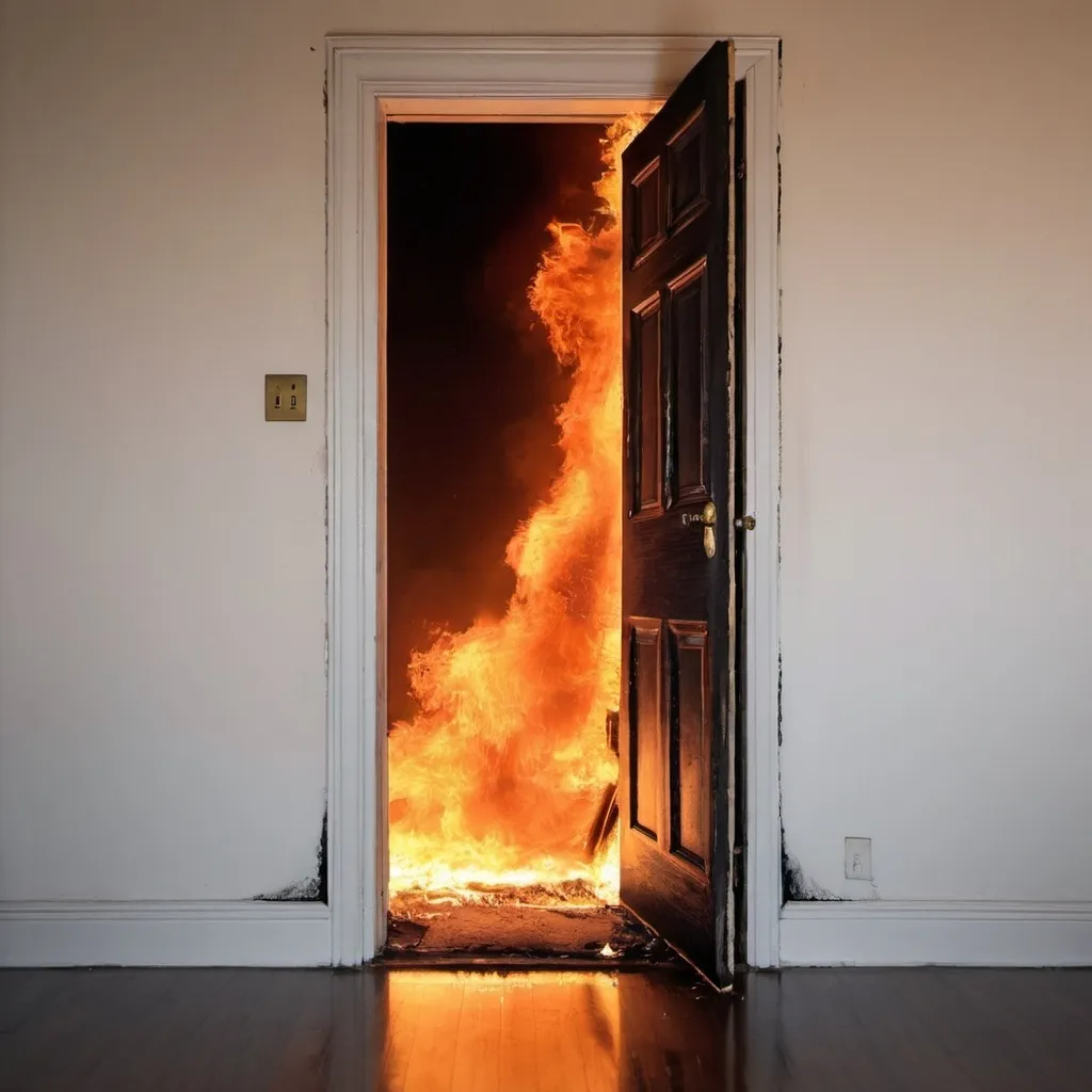 Prompt: Give me an image of a door in a burned room on fire, with a lot of fire