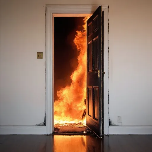 Prompt: Give me an image of a door in a burned room on fire, with a lot of fire