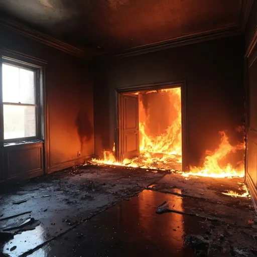 Prompt: Give me an image of a burned room on fire, with a lot of fire