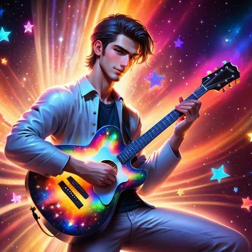 Prompt: (accurately spelled text "I want To You Live"), a man holding a star-shaped guitar, vibrant colors, dynamic pose, warm lighting, expressive facial features, showcasing creativity and passion, detailed background with a dreamy atmosphere, (4K), (ultra-detailed), emphasizing the music and artistic vibe.