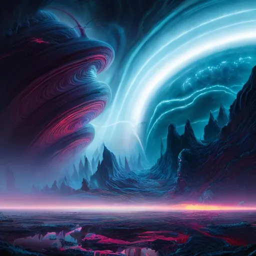 Prompt: Gas giant surface landscape with 12 lightning strikes, alien ray fish made of boron, giant alien bird made of sodium, sci-fi, vibrant colors, high energy, otherworldly, detailed texture, surreal lighting, 4k, intense, futuristic, alien landscape, vivid colors, vibrant lighting, atmospheric, surreal, highres, lightning strikes, boron ray fish, sodium bird, detailed textures, sci-fi landscape, alien creatures