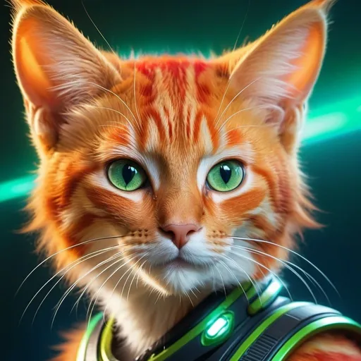 Prompt: Orange humanoid alien with cat-like features, giant eyes, cat ears, Orange and Red fur, whiskers, green stripes, detailed eyes, vibrant colors, highres, detailed fur, sci-fi, professional, atmospheric lighting, alien, cat-like, futuristic, intense gaze, vibrant Red, Blue, green accents, cosmic background