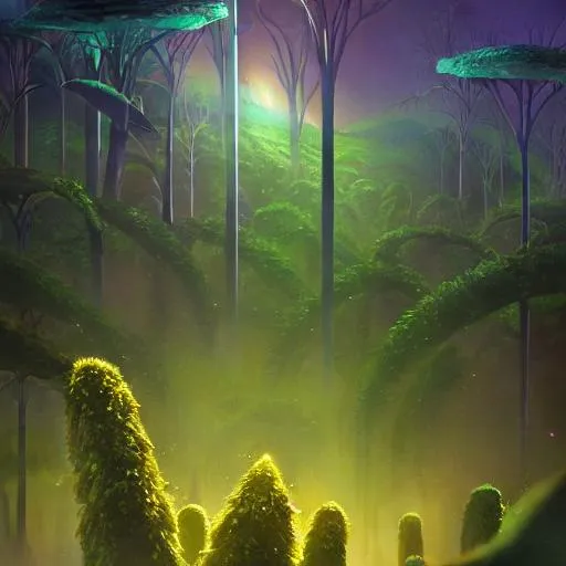 Prompt: a forest of alien plants, planets visible in the sky, award winning concept art, colorful, vibrant, surreal, from a science fiction book cover, trending on artstation, alien Plants made out of Silicon Crystal 