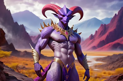 Prompt: (Fantastic Red Humanoid Reptilian Alien), three prominent horns, sharp bird beak, vivid human-like eyes, dressed in (colorful purple loincloth undergarment), intricate texture on scales, dramatic lighting highlighting features, vibrant color palette, striking and imaginative, alien landscape background, (ultra-detailed), (high resolution), dynamic composition that captures attention.