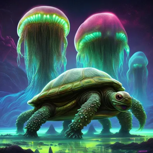 Prompt: Giant alien turtle, silicon-based alien plant species, alien jellyfish, otherworldly landscape, vibrant and bioluminescent, highres, alien, surreal, fantasy, vibrant colors, detailed textures, atmospheric lighting