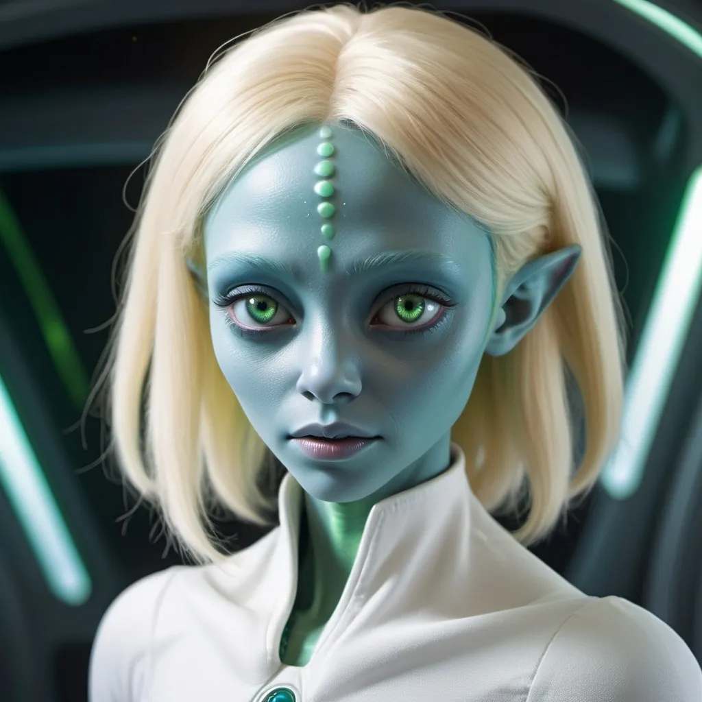 Prompt: Female Blue skin Colored Humanoid Alien, Human-like Appearance, Centre-Parted Bangs Hairstyle, Blonde Hair Color, Girly Eyelashes, Green Colored Human-like Eyes, Friendly behavior, Wearing White Colored broadcloth with Large collar.