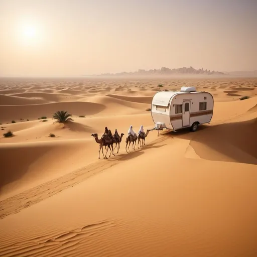 Prompt: A caravan travels through the vast Arabian desert circa 570 AD, with the shimmering mirage of an oasis beckoning on the distant horizon