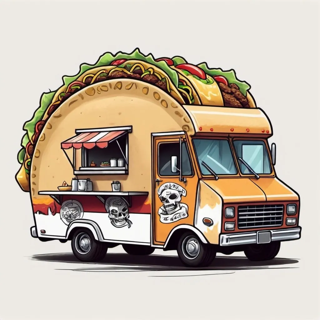 Prompt: Draw a drawing of a taco truck with a lot animated Mexican aesthetics with a style similar to the tattoo artist Mr cartoon