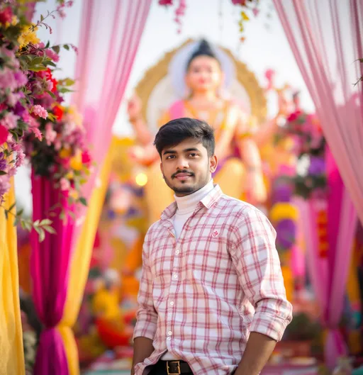 Prompt: Standing confidently in front of a vibrant festival backdrop, a young individual wears a stylish checkered shirt with shades of pink and white, paired with a white turtleneck underneath. The scene is adorned with intricate decorations, including floral arrangements and colorful drapes, enhancing the festive atmosphere. In the background, a large idol, possibly of a deity, looms majestically, adorned with ornate details and bright colors, symbolizing celebration and culture. The lighting appears soft, suggesting an early morning or late afternoon time, contributing to a warm, inviting mood that reflects both reverence and joy in the air. The overall composition captures a blend of personal character and communal festivity, inviting viewers to immerse themselves in the cultural richness of the moment.