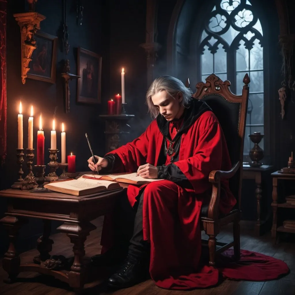 Prompt: Gothic vanitas room with candles and a magician in a red robe sitting at a large chair writing with a quill.  Scrolls around him strewn around.  Gothic ambiance, glowing candle light, young mage