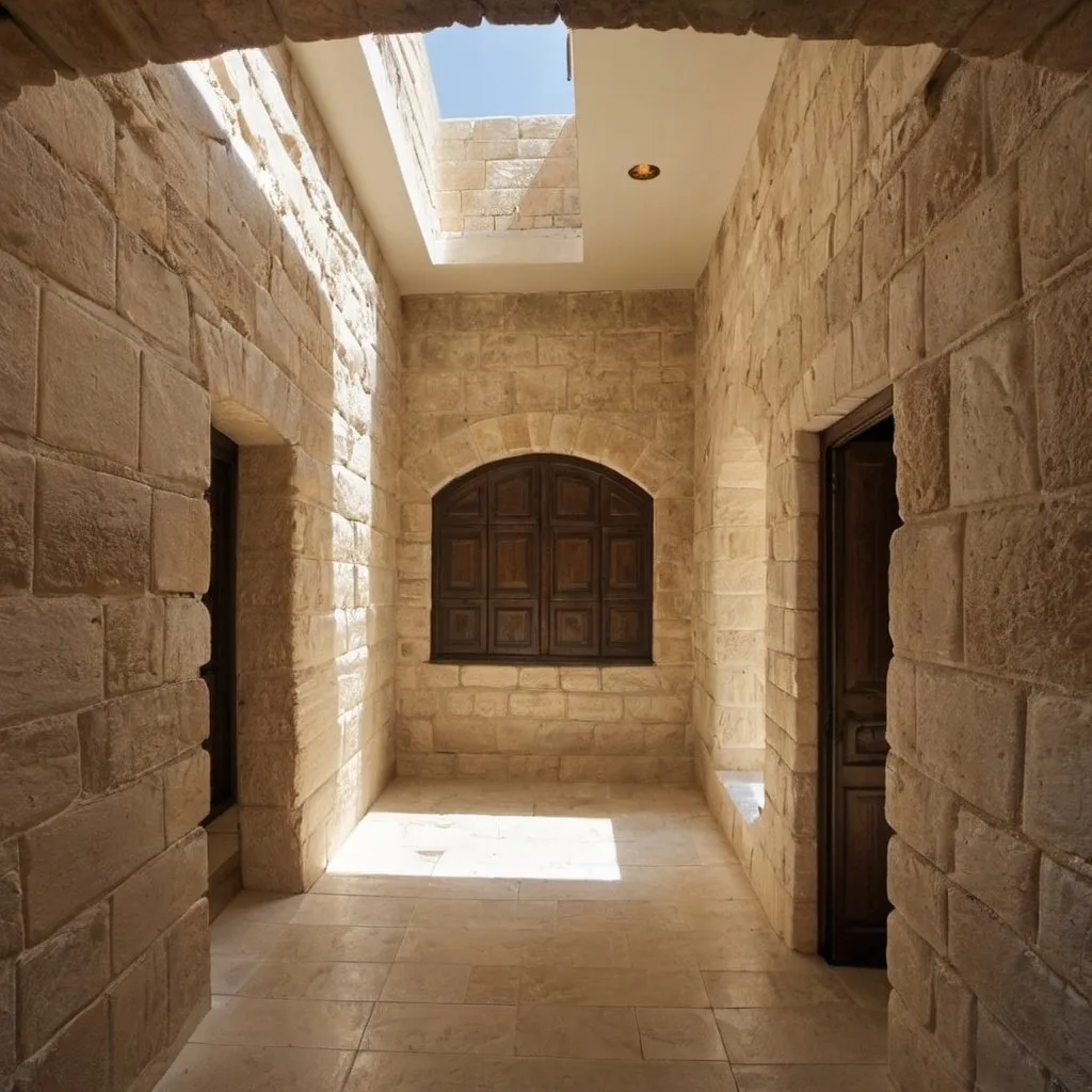 Prompt: Interior of old world Jerusalem block wall home