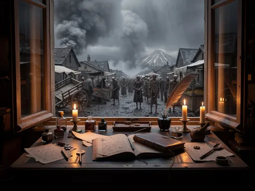 Prompt: Visual: Ash clouds, starving villagers, candlelit writing desk in Geneva